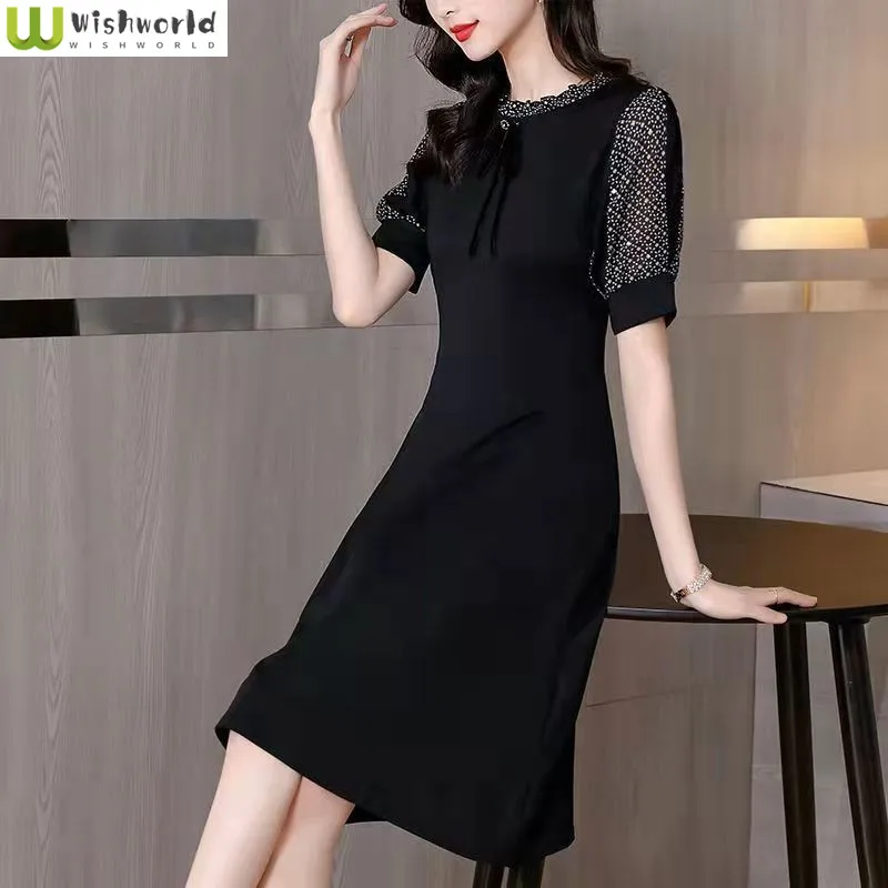 

Dress Women's Summer 2022 New Waist Closed Small Black Skirt Slim and Slim Temperament Middle and Long Skirt of Celebrities