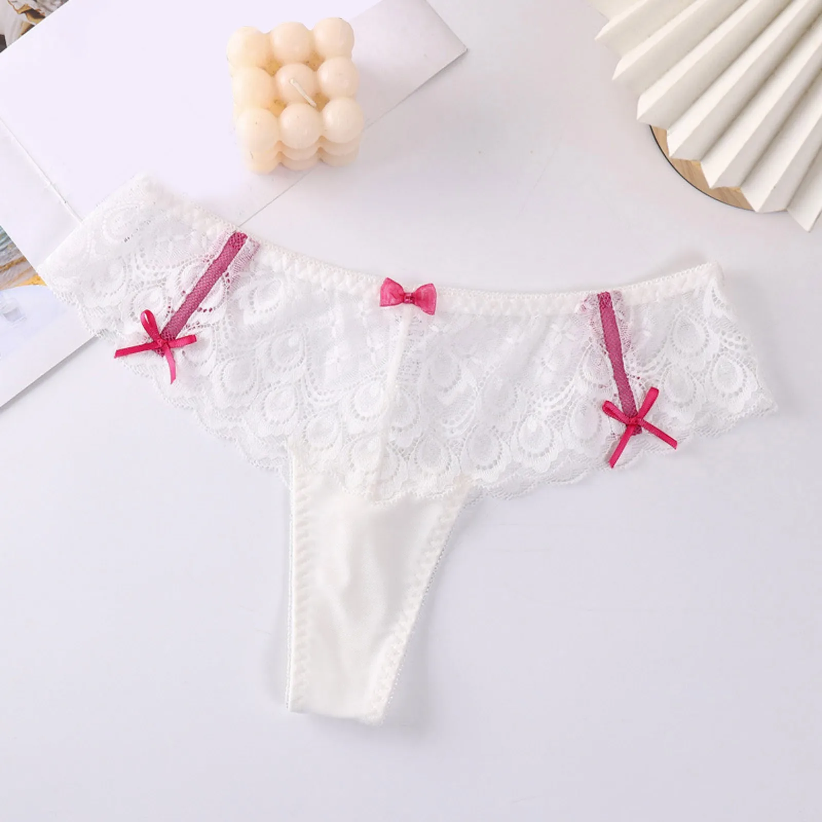 Women\'s Fashion Sexy Panties T Pants Lace Trim Bow Transparent Hollow Thong Panties plus Size Thongs