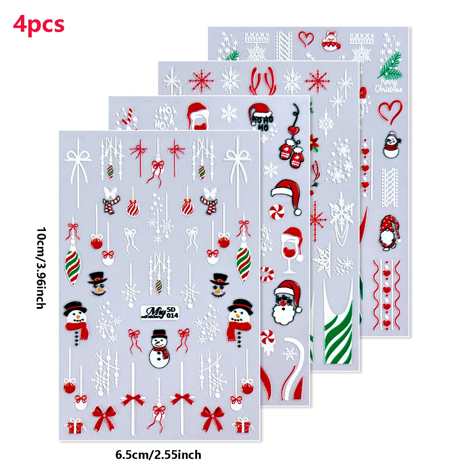 4 stks 5D Relief Kerst Nagelstickers Cartoon Snoep Hart Elanden Sneeuwpop Nagelsticker voor Feestelijke DIY Decal Nail Art Decoraties