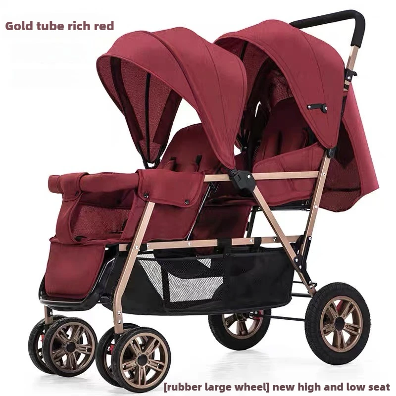 Nieuwe Twins kinderwagen voor- en achterbank, twee personen kunnen zitten en liggen, lichtgewicht opvouwbare kinderhandkar kinderwagen