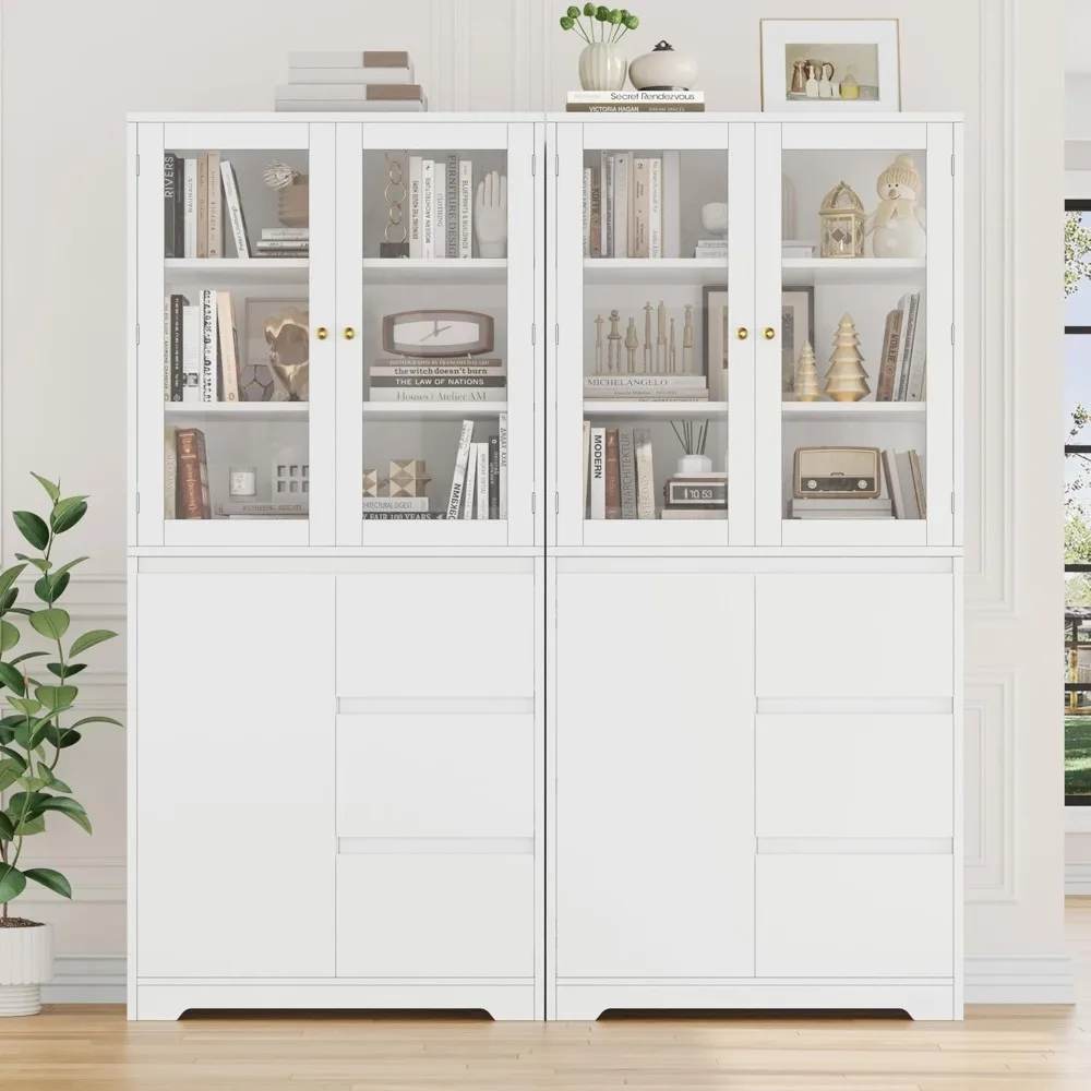 خزانة كتب كبيرة مقاس 71 بوصة مع خزانة عرض زجاجية وأرفف كتب واسعة من 3 طبقات، ورف كتب طويل مع 3 أدراج تخزين، وكابينة صينية #6