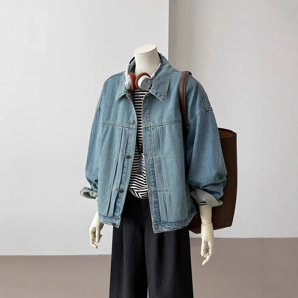 

2026 New American Vintage Style Hong Kong Retro Light Blue Oversized Loose Casual Denim Jacket For Women Fashion Outerwear