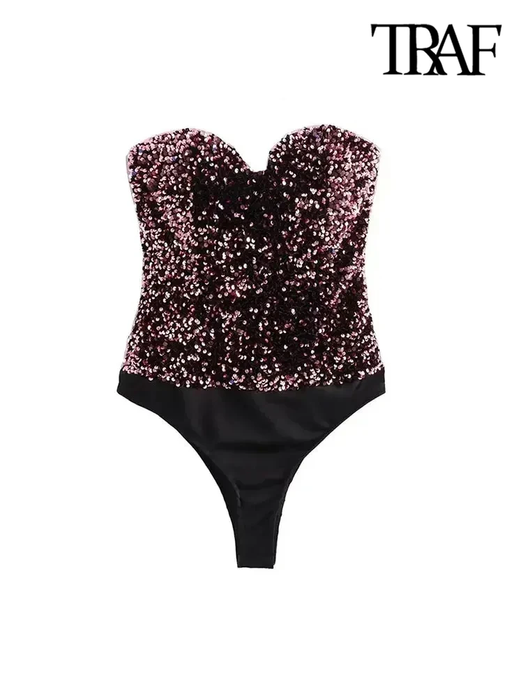 TRAF-Strapless Sequin Bodysuits for Women, Backless Bodysuits, Sweetheart Neck, Female Playsuits, Sexy Fashion