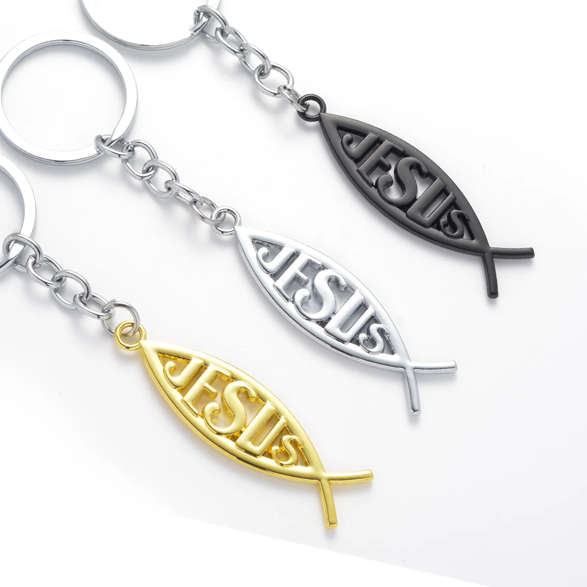 Car Keychain Jesus Fish Symbol Logo Metal Keyring Key Ring Holder Suitable For All Cars And Motorcycles Accessories