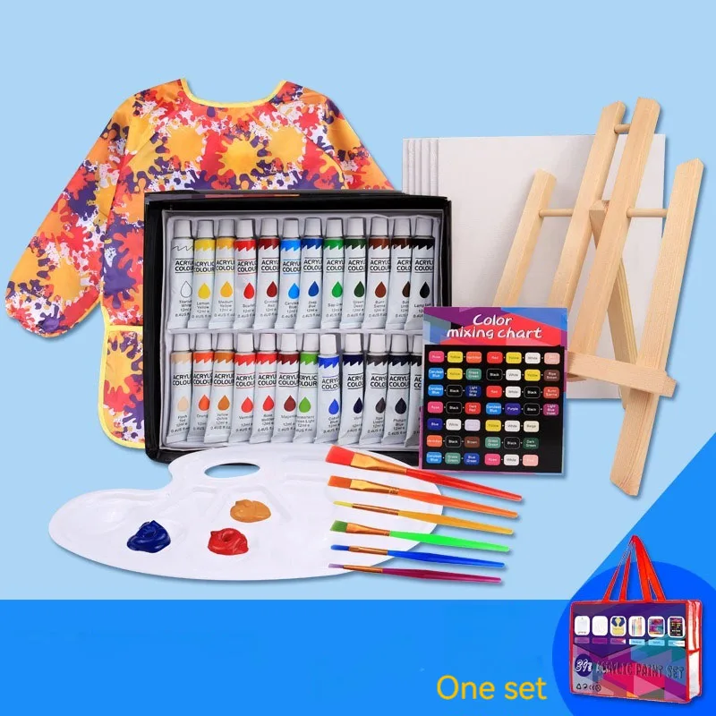 12ML 24 Acrylic Paint Art Set with Palette Portable Easel Brushes Waterproof Fabric Paints Drawing Fabric Set Art Supplies