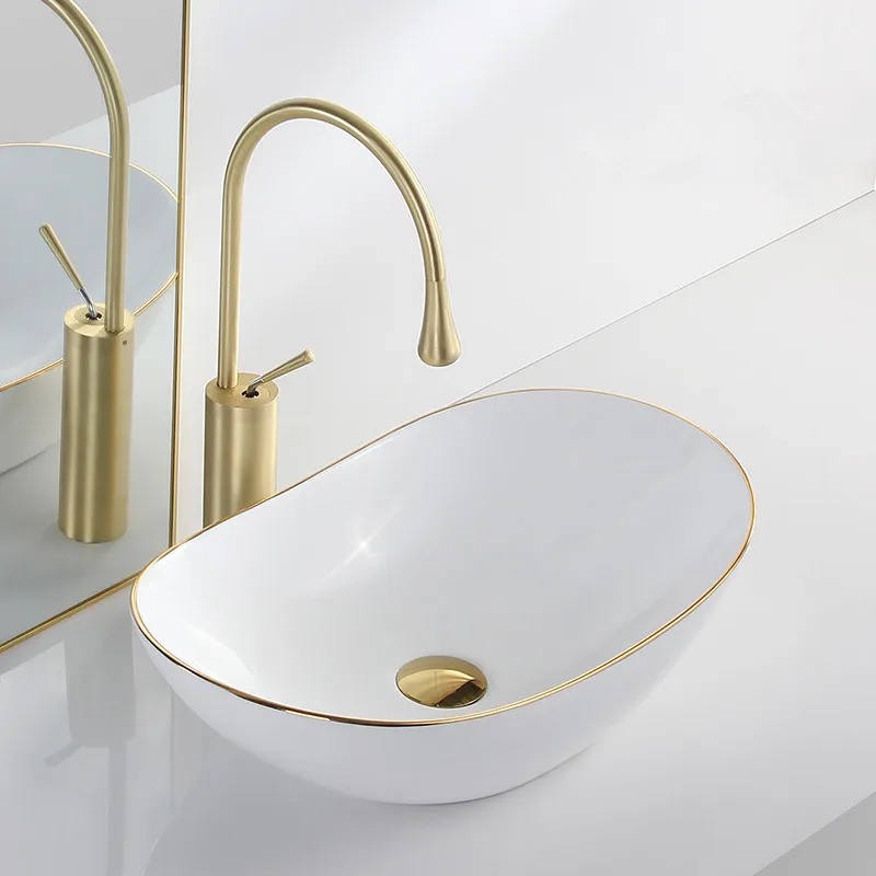 Light luxury gold edged countertop basin, oval bathroom washbasin, ceramic washbasin, countertop basin