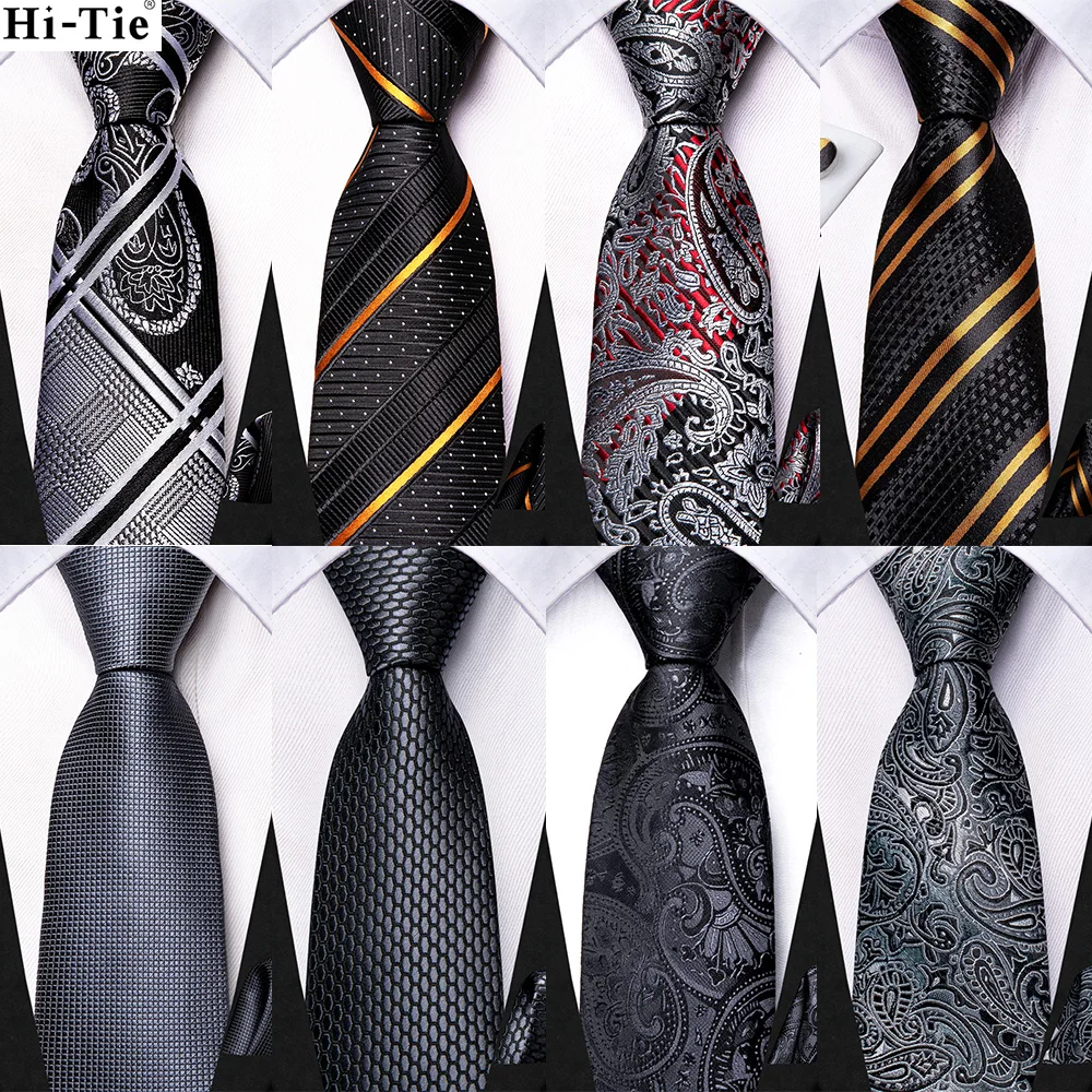 Hi-Tie Boy Silk Tie For Children Grey Black Solid Child Necktie 120CM Long 6CM Wide Luxury Designer Handky Fashion Student Tie