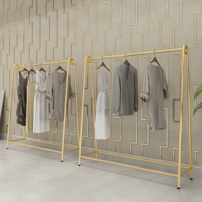 

Clothing store display rack Fashion floor-to-ceiling wrought iron shelf Gold women's clothing hanging rod