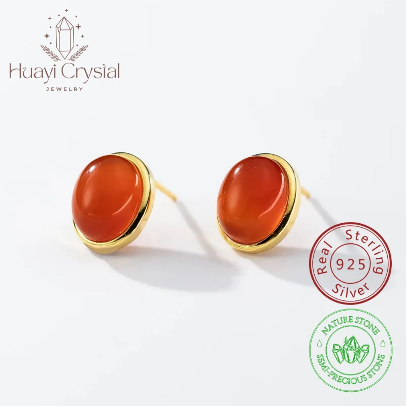 

s925 sterling silver oval red agate ear studs women's national style design sense simple and stylish earrings women