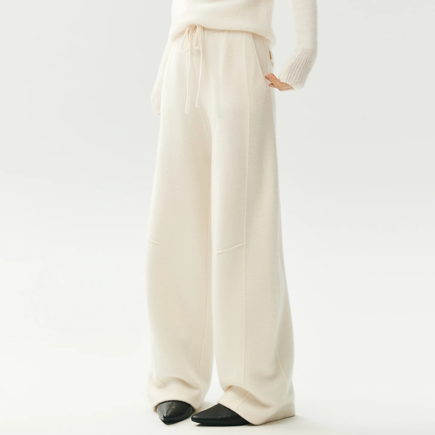 CHICUU High Quality Women 100% Cashmere Pants High Waist Wide Leg Pants Autumn Winter Thick Cashmere Knitted Trousers