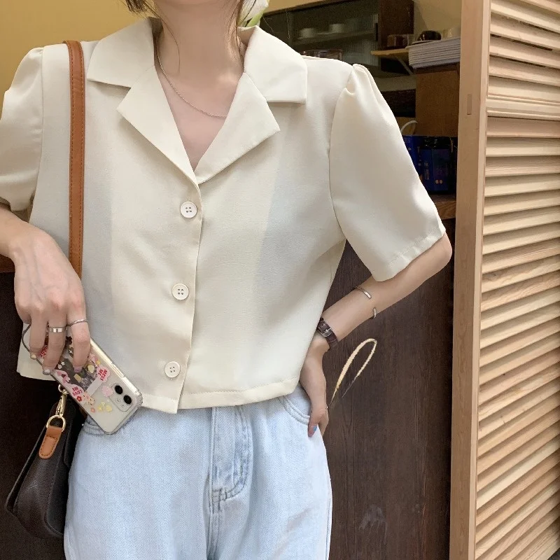 

Slim Fit ort Sve Suit irt Fre Sle Thin Material Women's Summer Top Korean Commute Sle Pure Color Button Closure