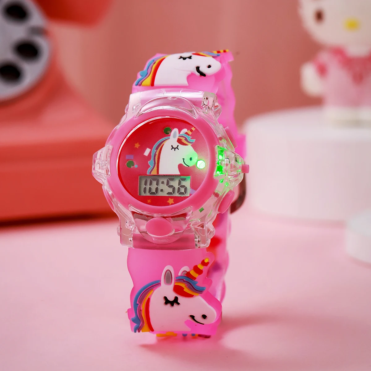 ساعة متوهجة بنمط حفلة وحيد القرن كرتونية لطيفة للأطفال، مناسبة للارتداء اليومي وهدايا المهرجانات