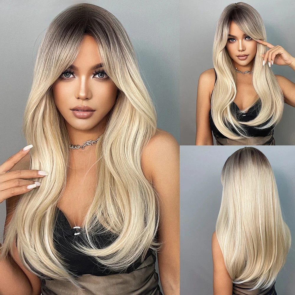 

Ombre Brown Blonde Long Straight Synthetic Wigs with Bangs Cosplay Wig for Women High Temperature Natural Fake Hair