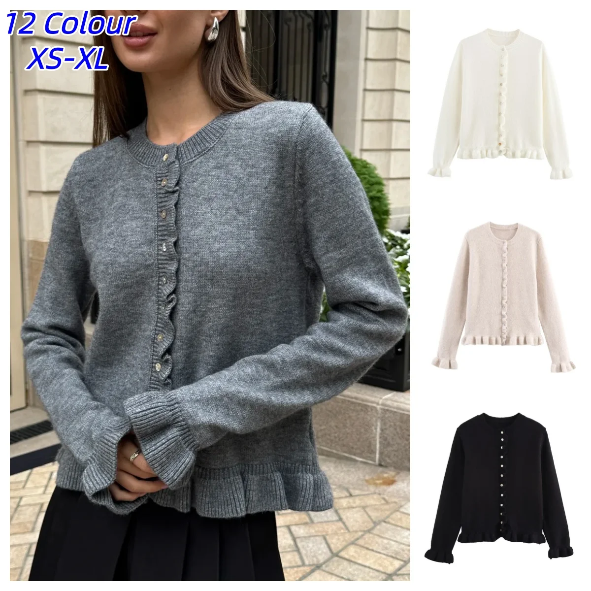 Korean Style Women's Clothing Ruffles Cardigan for Women Layered Decoration Long Sleeve Knitwear Solid Color Button-Down Sweater