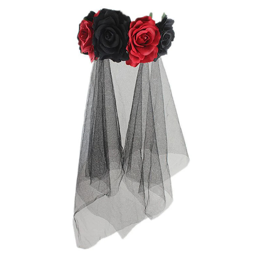 1Pc Day Of Dead Headband Bride Lace Veil Corpse Fancy Dress Halloween Costume Party Headpiece Women Black Red Rose Flower Crown