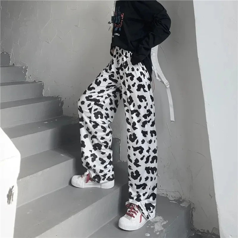 2025 High Street Frauen Tragen Kuh Muster Hohe Taille Gerade Hosen Y2k Harajuku Hosen Frauen Trendy Casual Lose Breite Bein Hose