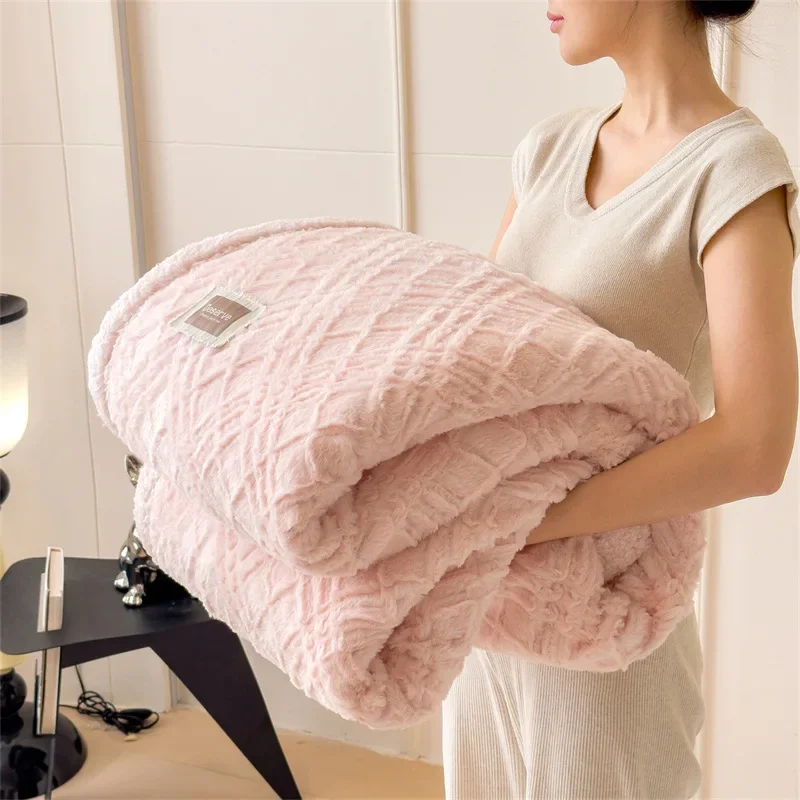 Winter new class A high gram weight thickened rabbit plush double-layer blanket twill striped home leisure single blanket