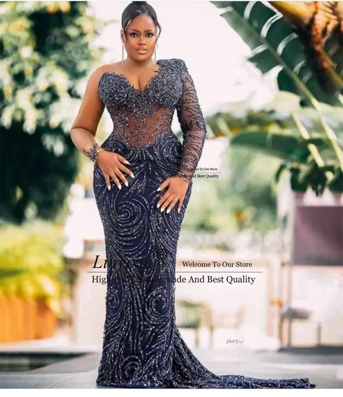 

Luxury Sequins Crystals Mermaid Prom Dresses Customized Arabic Evening Gala Gowns Wedding African Dubai Full Sleeves Party Dress