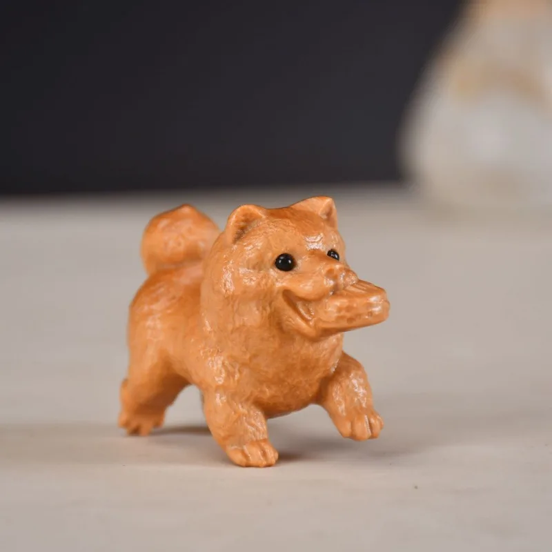 Handmade Thuja Wood Carving Cute Dog and Pig Eating Cake Figurine Zodiac Hand Play Piece Animal Desk Ornament Healing Home Decor