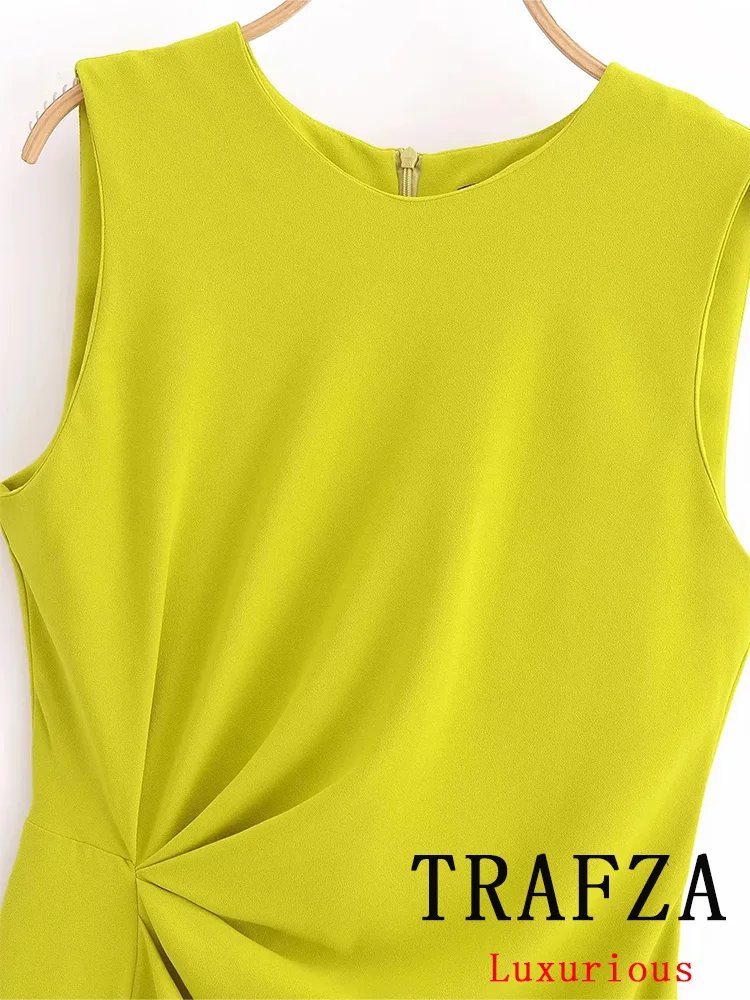 TRAFZA Vintage Casual Chic Women Dress Yellow Solid O-Neck Zipper Sleeveless Straight Vestidos Fashion 2024 Spring Summer Dress