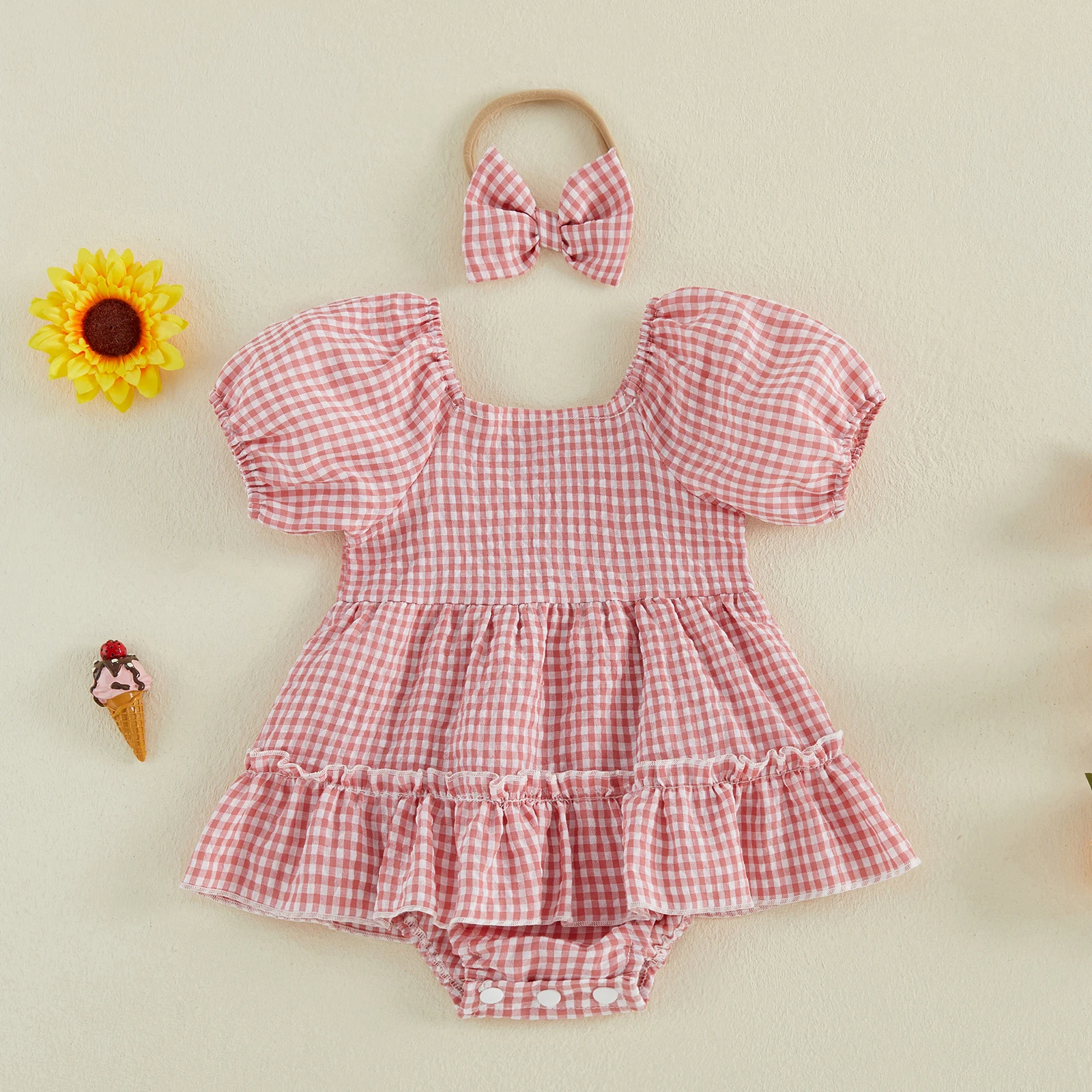 Baby Girl Summer Bodysuits Outfits Casual Plaid Ruffled Hem Square Neck Short Sleeve Romper Dress Bow Headband 2 Pcs Set