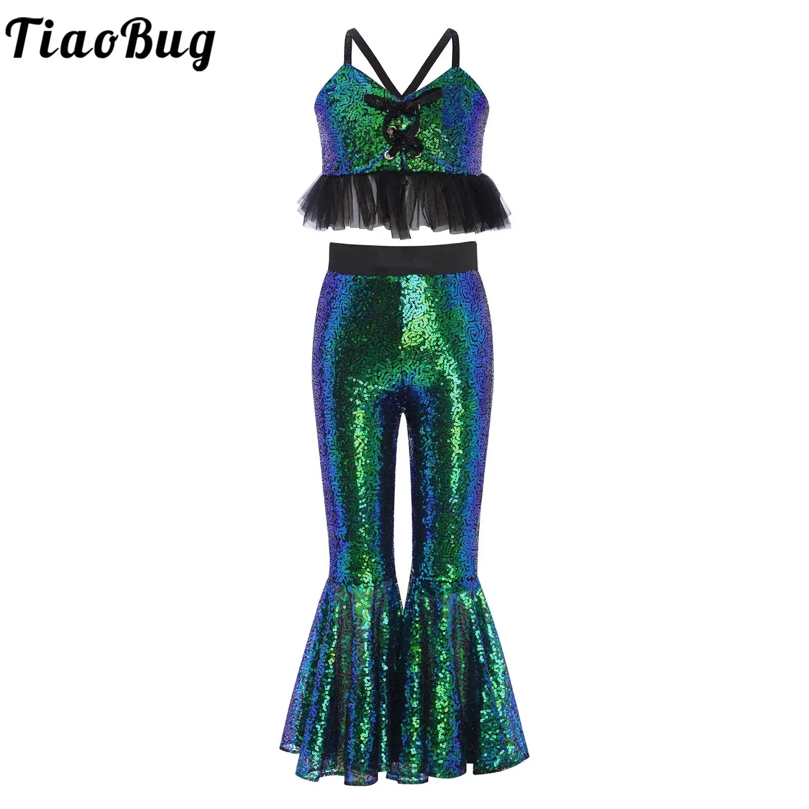 

Kids Girls Jazz Dance Performance Costume Sets Glittery Sequins Modern Latin Dance Outfits Tulle Ruffles Hem Camisole with Pants