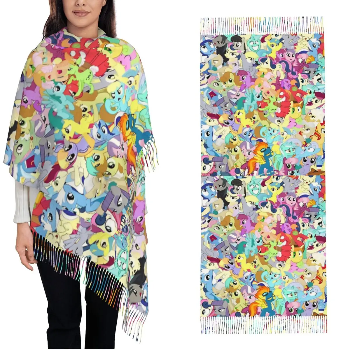 My Little Pony Background Pony Mess Scarf for Women Fall Winter Shawl Wrap Long Scarves with Tassel Ladies