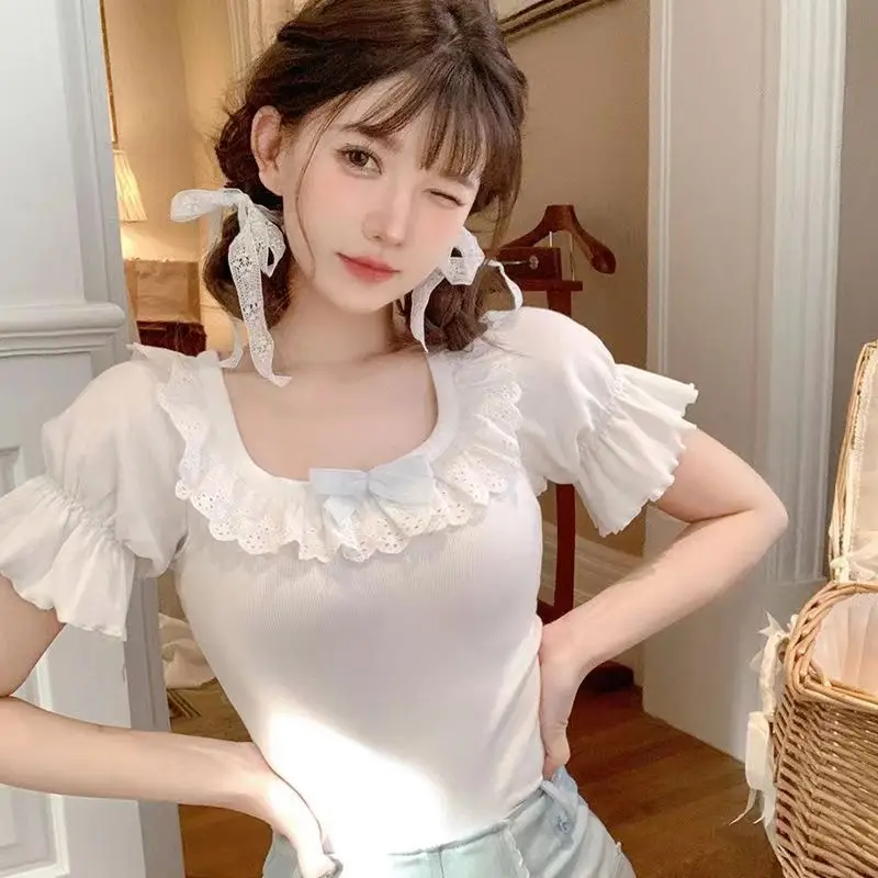 Summer Lace Slim Lolita Kawaii T-Shirts Women Blue White Japanese Sweet Cute Blouse Female Puff Sleeve Korean Style Clothes 2024