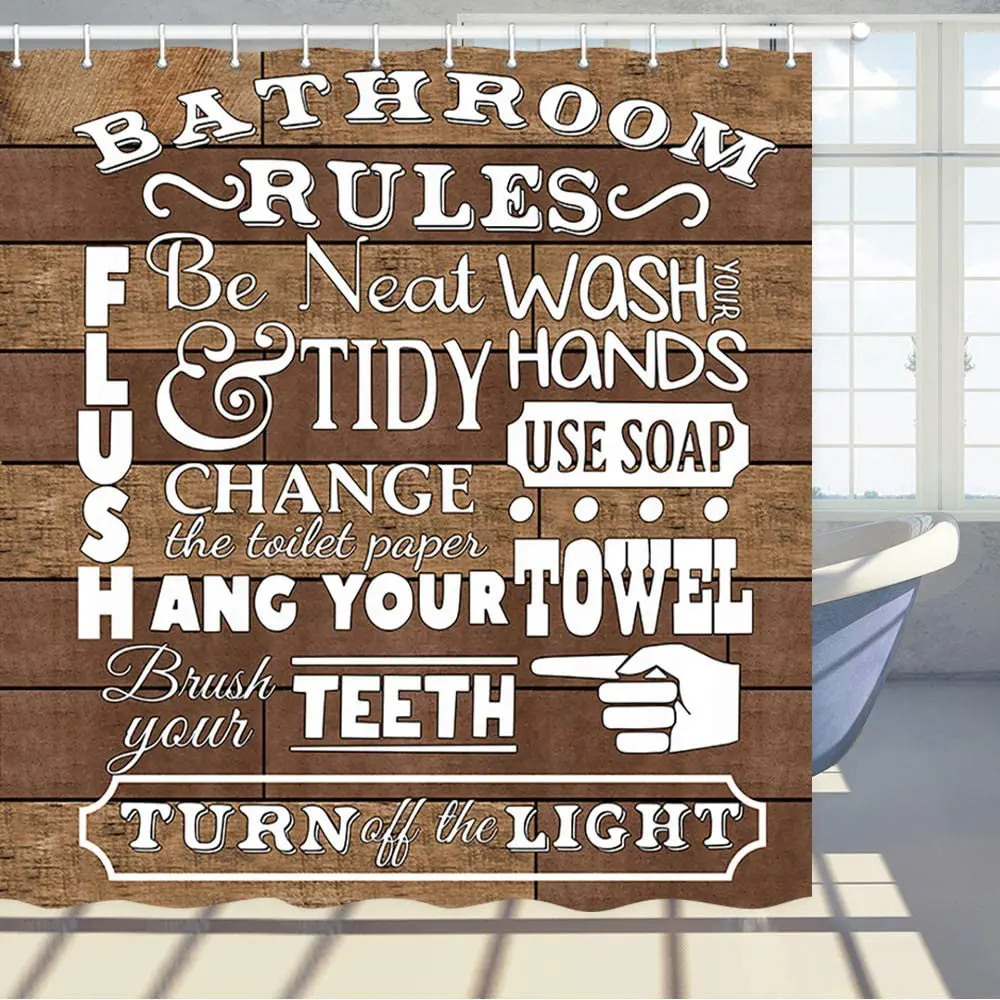 Farmhouse Bathroom Rules Shower Curtain Inspirational Quote Prints Rustic Wooden Plank Funny Cute Bath Curtains with Hooks