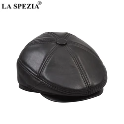 LA SPEZIA Real Leather Berets Man Black Casual Duckbill Hats Vintage Italian Luxury Genuine Leather Winter Warm Flat Caps