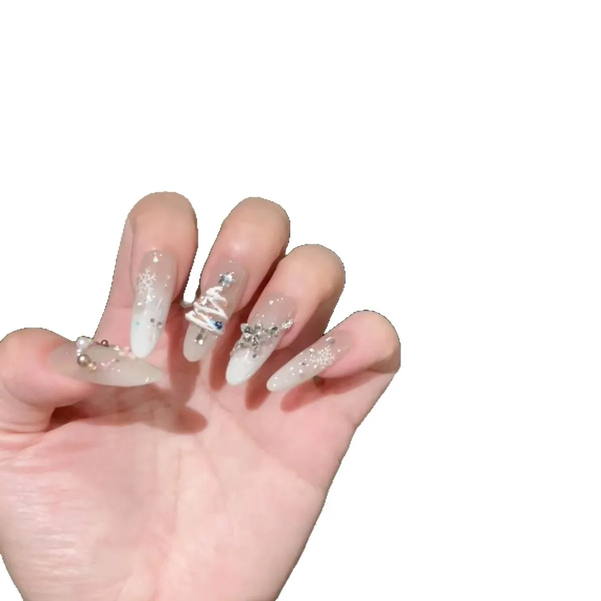 10 قطعة اليدوية طويلة البيضاوي الصحافة على الأظافر عيد الميلاد القط العين ندفة الثلج حجر الراين تصميم الحلو الأظافر وهمية يمكن ارتداؤها رسومات أظافر الفتيات