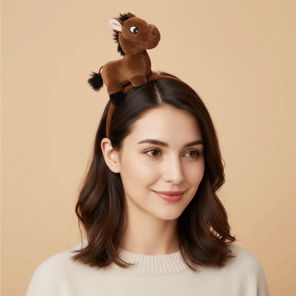 

Funny Cartoon Horse Headband Pony Plush 2026 New Year Headband Solid Color Headwear Plush Hair Hoop Cosplay Supplies