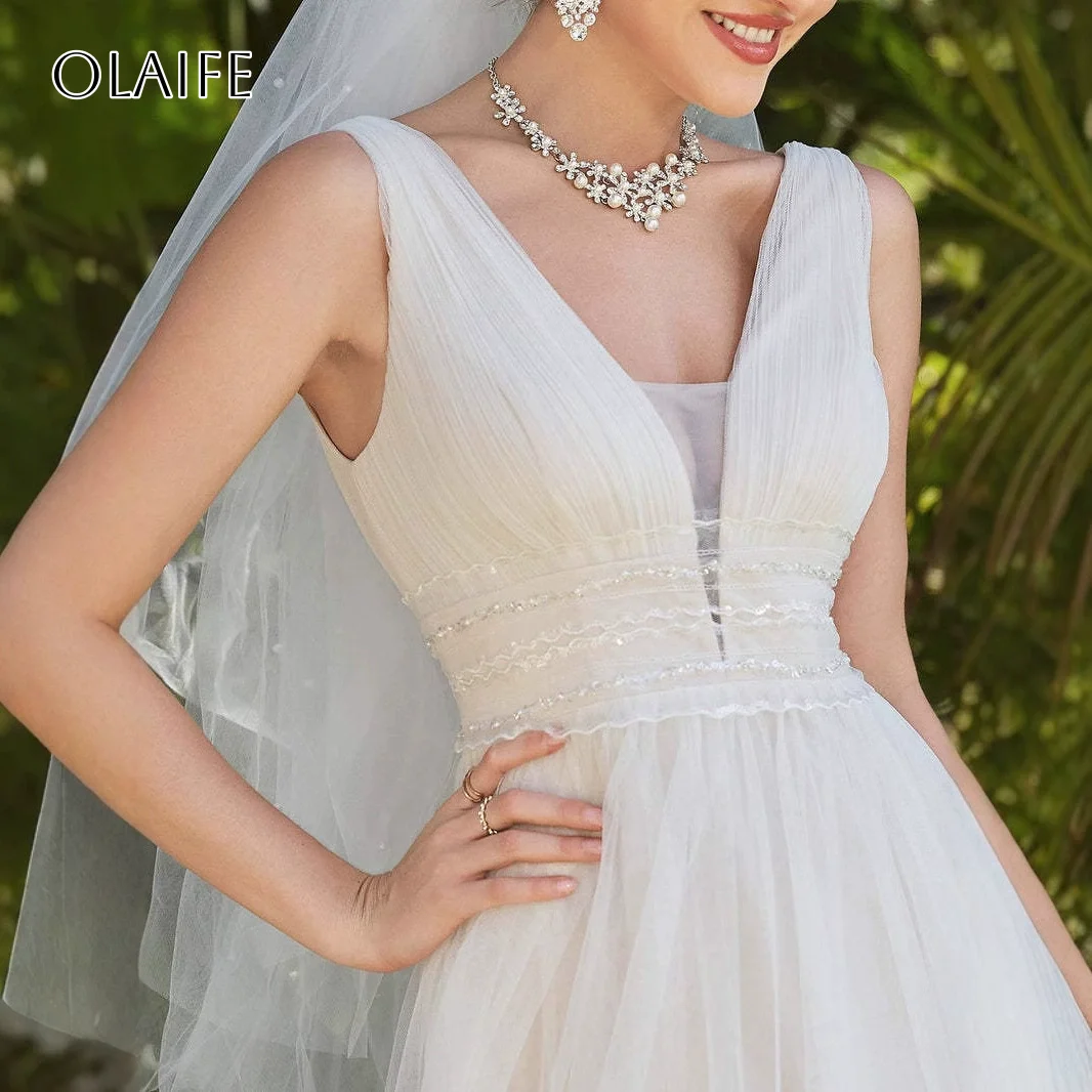 Brautkleider mit Perlenschärpe für die Braut, A-Linie, V-Ausschnitt, ärmellos, plissiert, Sweep-Zug, individuell gestaltete Vestidos de Novia