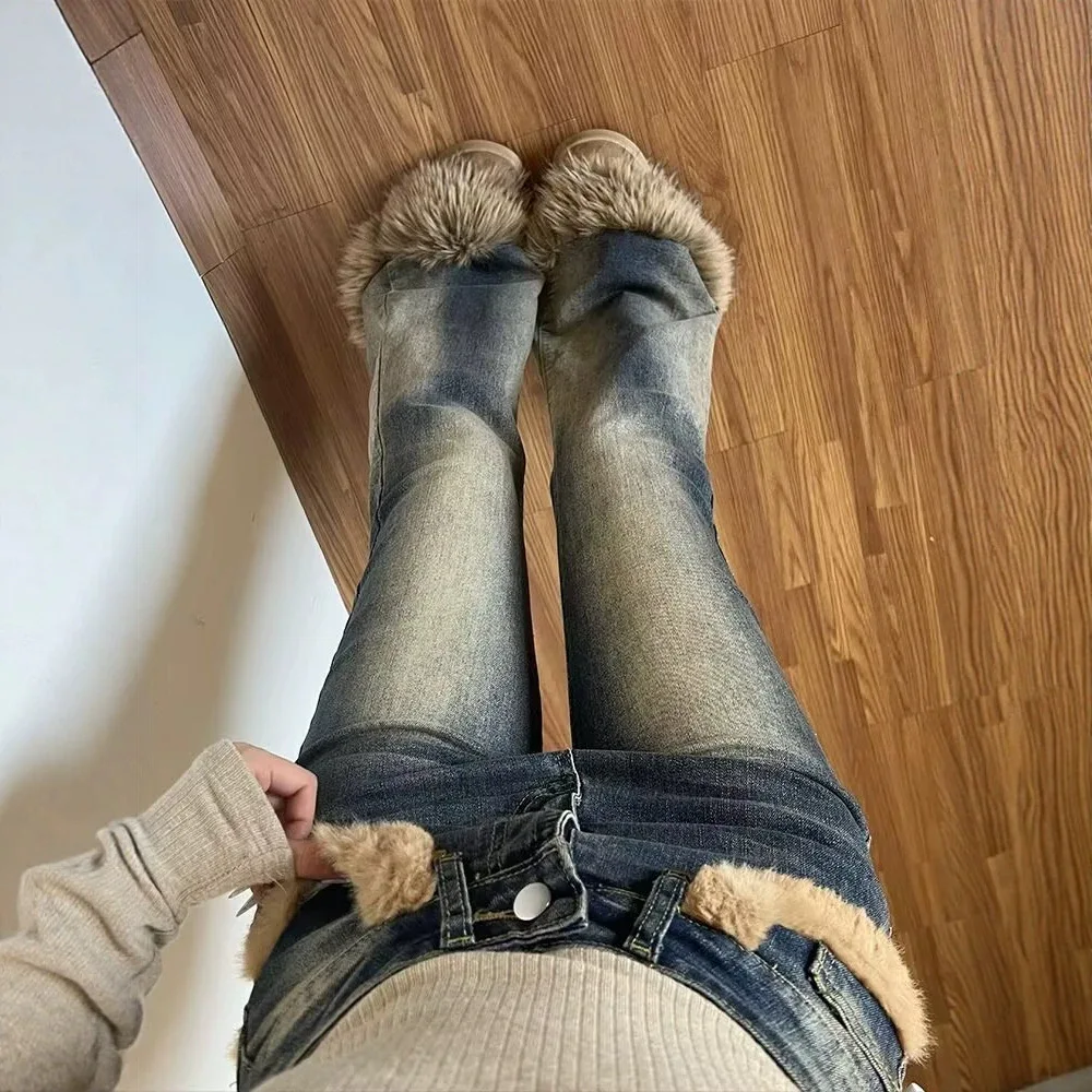 American Retro High Waist Fluffy Splicing Jeans Women Y2k Spice Girl Micro-flared Pants Trousers