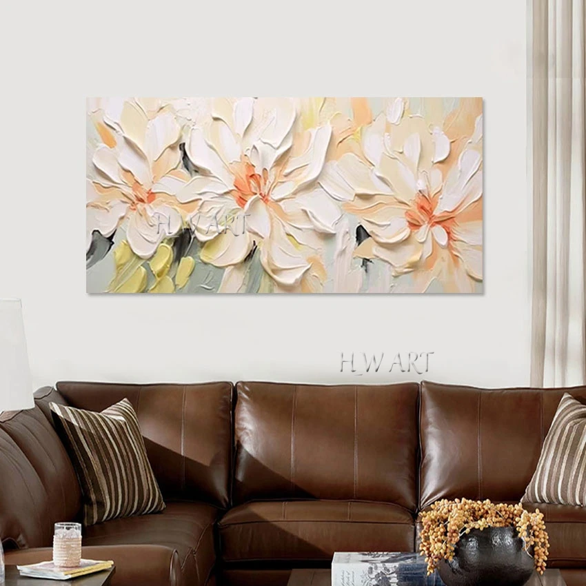 

Abstract Room Decor Oil Painting Frameless Wall Poster White Thick Acrylic Flowers Textured Canvas Drawing Picture Art Mural