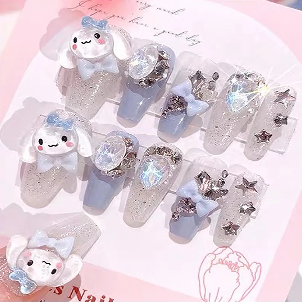 24 pièces bleu cannelle à la main presse sur les ongles conseils Y2K Sanrio Anime dessin animé ongles patchs mode charme ongles autocollant fille cadeaux