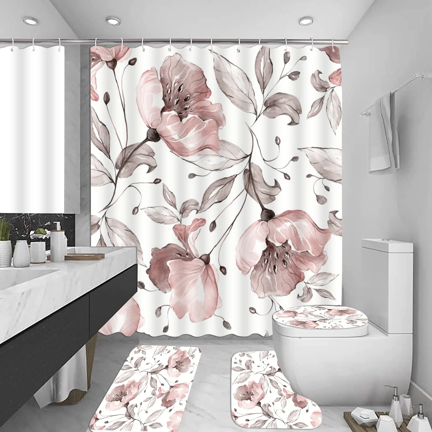 VIKAMA Duschvorhang mit rosa Blumenmuster, grünes Blatt, wasserdicht und schmutzabweisend, Heimdekoration, Duschvorhang, frisch und natürlich