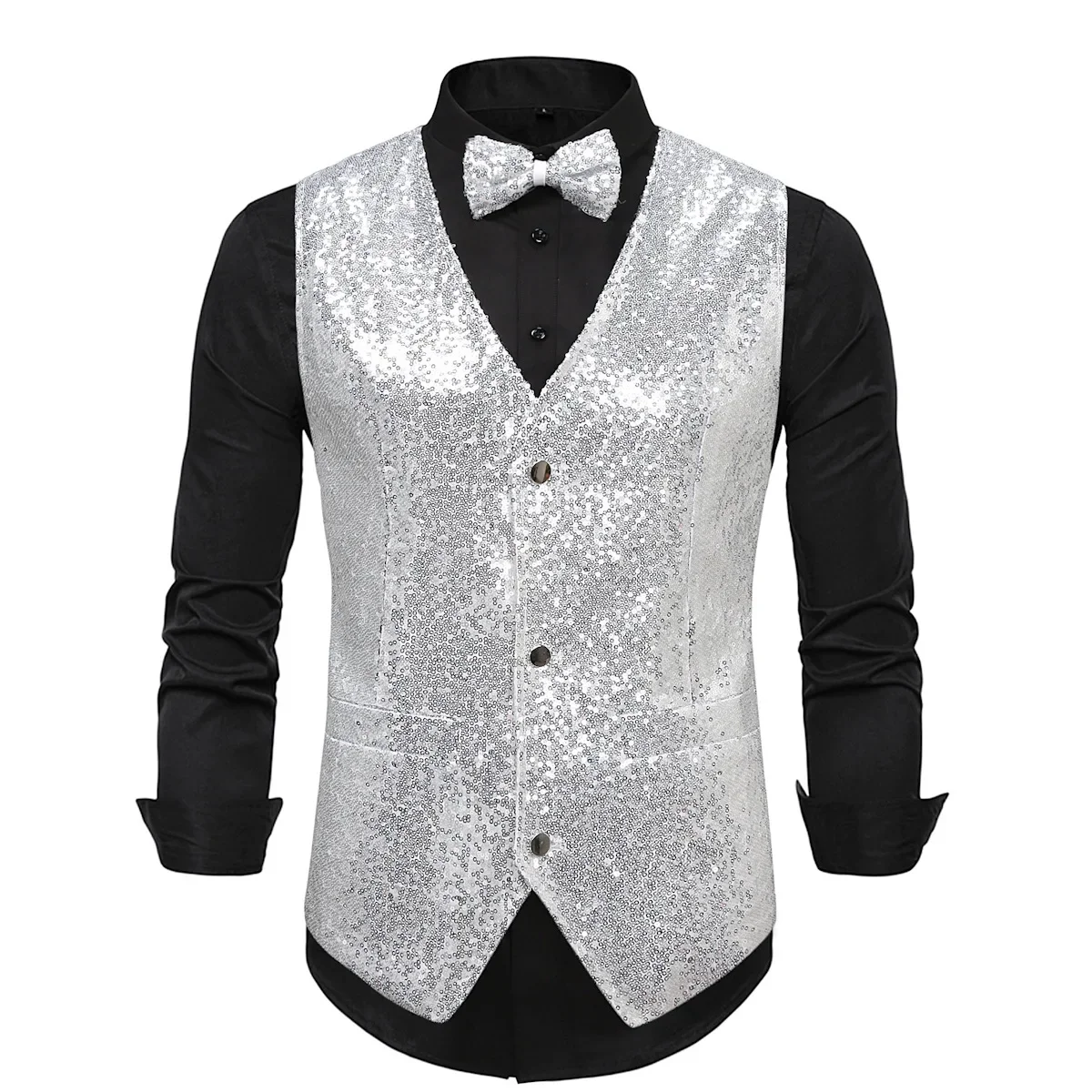 Mens Brand New Sequin Vest Shiny Suit Vest V-Neck Dress Waistcoat Bowtie 2 Pieces Set Disco Party Stage Prom Vests Male Chaleco