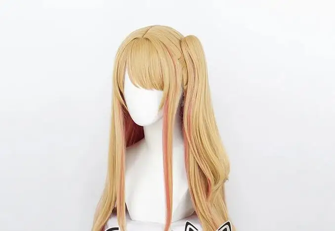 Cosplay Wig 75cm Long Golden Rose pink Mixed Heat Resistant Synthetic Hair With Chip Ponytail