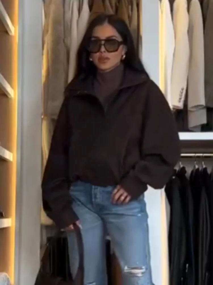 

HH женская куртка-бомбер с длинными рукавами и карманами, женская куртка-бомбер на молнии с воротником на пуговицах, искусственная кожа, уличный стиль, осеннее пальто