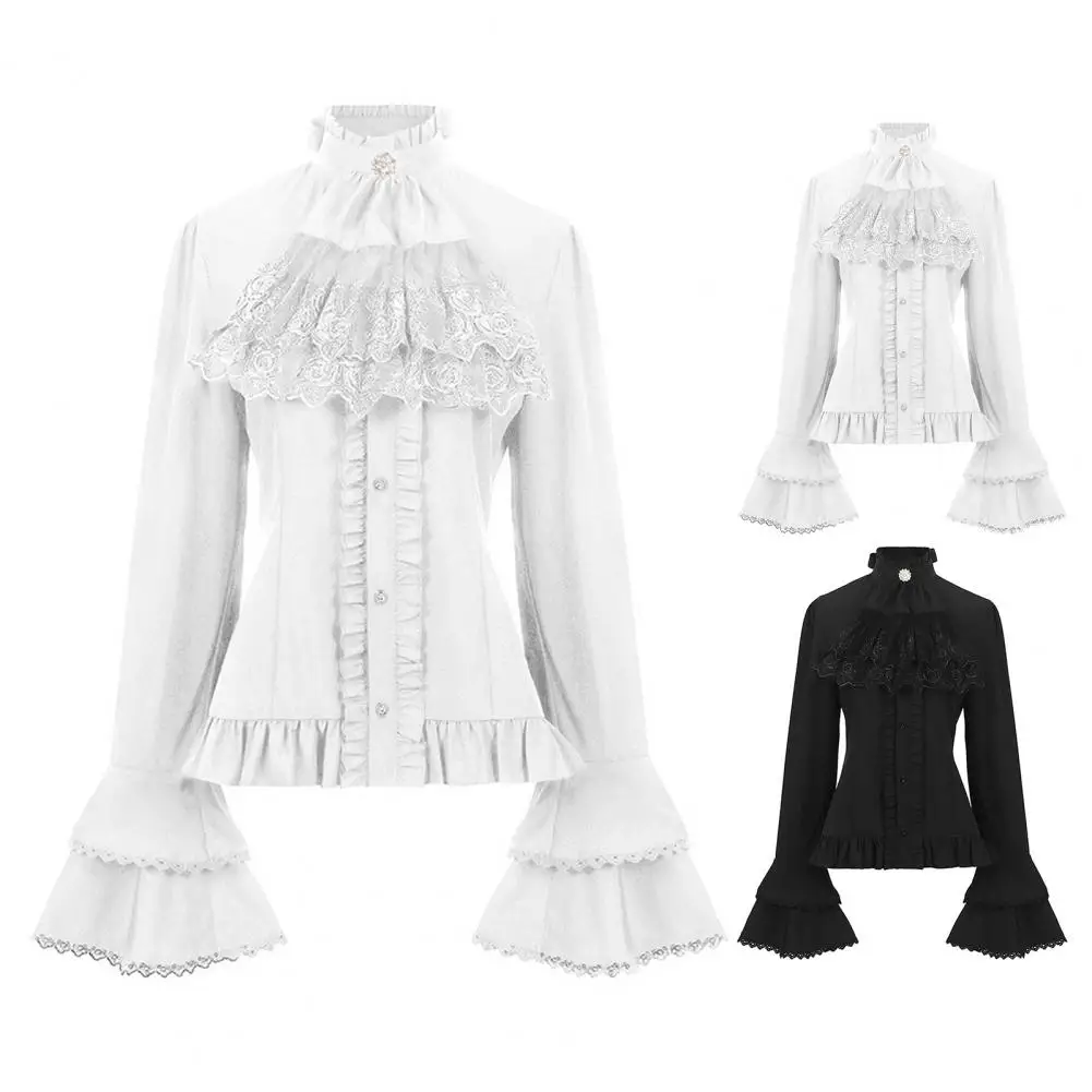 Camisa de manga longa retrô gótica, decote de renda de manga comprida com babados, Top branco Lolita Button Top vitoriano, Camisa de escritório