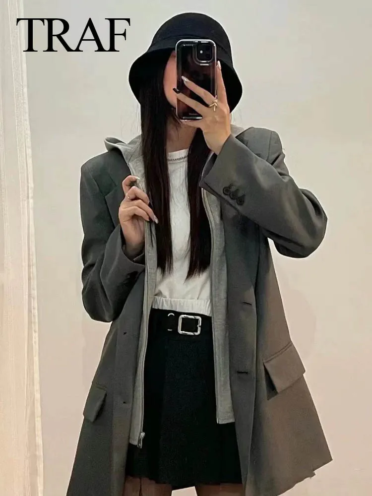 TRAF 2024 Women's Casual Blazers Long Sleeve Hooded Spliced Pockets Solid Fake Two Piece Female Fashion Vintage Tops Chic Jacket