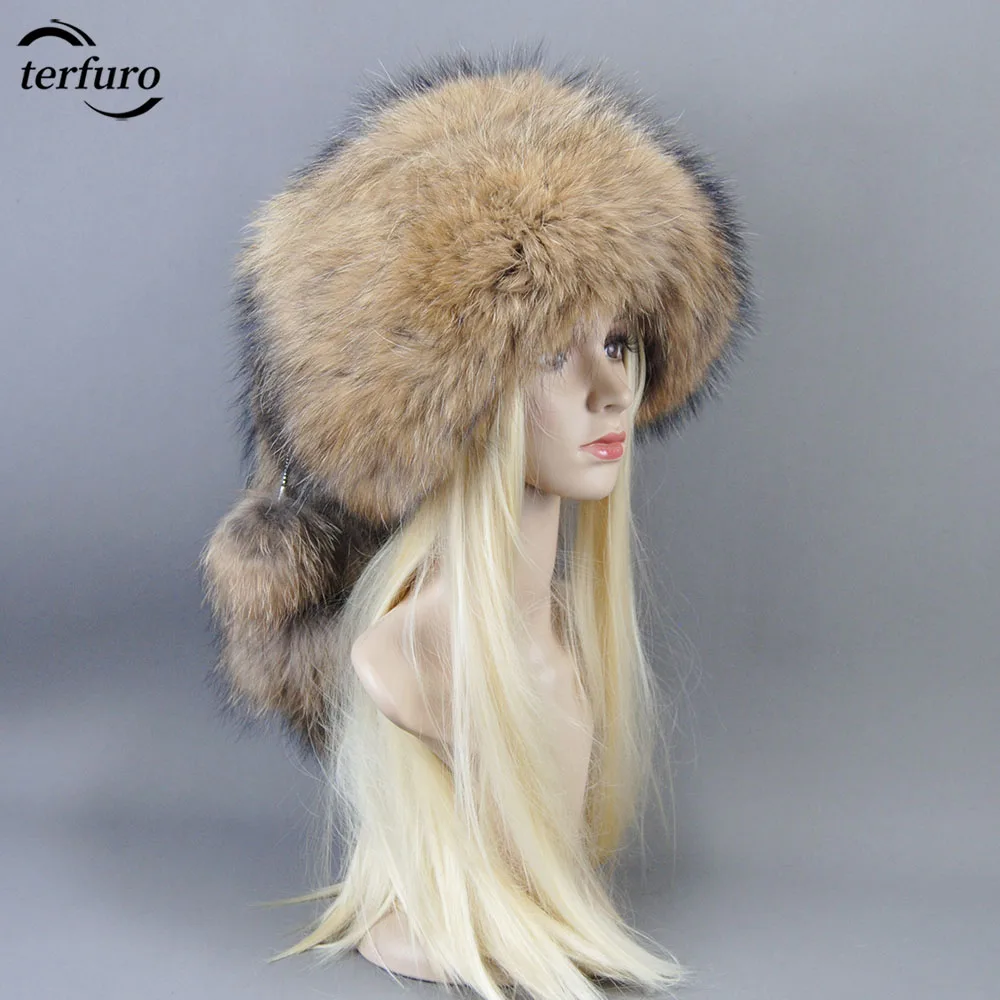 Winter Women's Warm Ear Protection Fashion Knitted Natural Plush Big Thick Dome Hat Natural fox Raccoon Fur Caps Windproof Hat