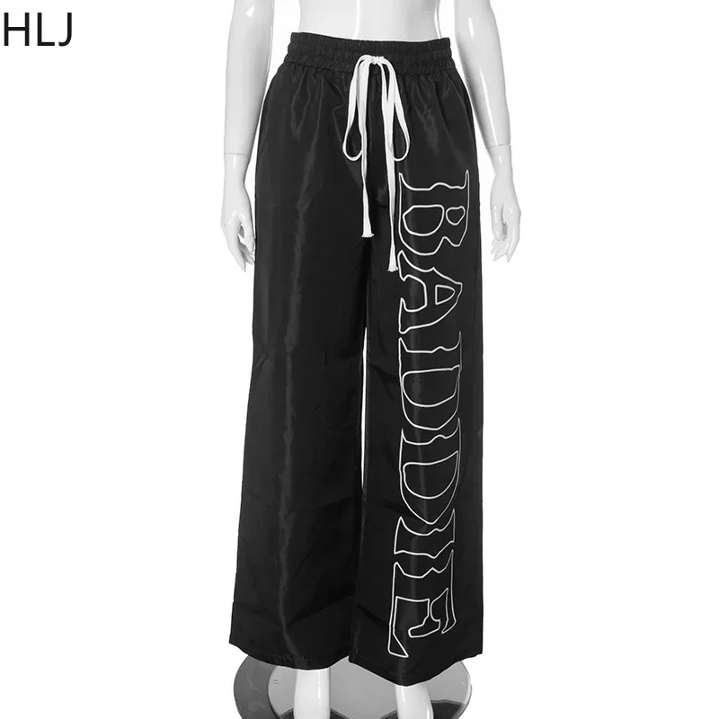 HLJ Fashion Letter Print Drawstring Pants Two Piece Sets For Women Off Shoulder Long Sleeve Top And Pants Outfits Y2K Streetwear