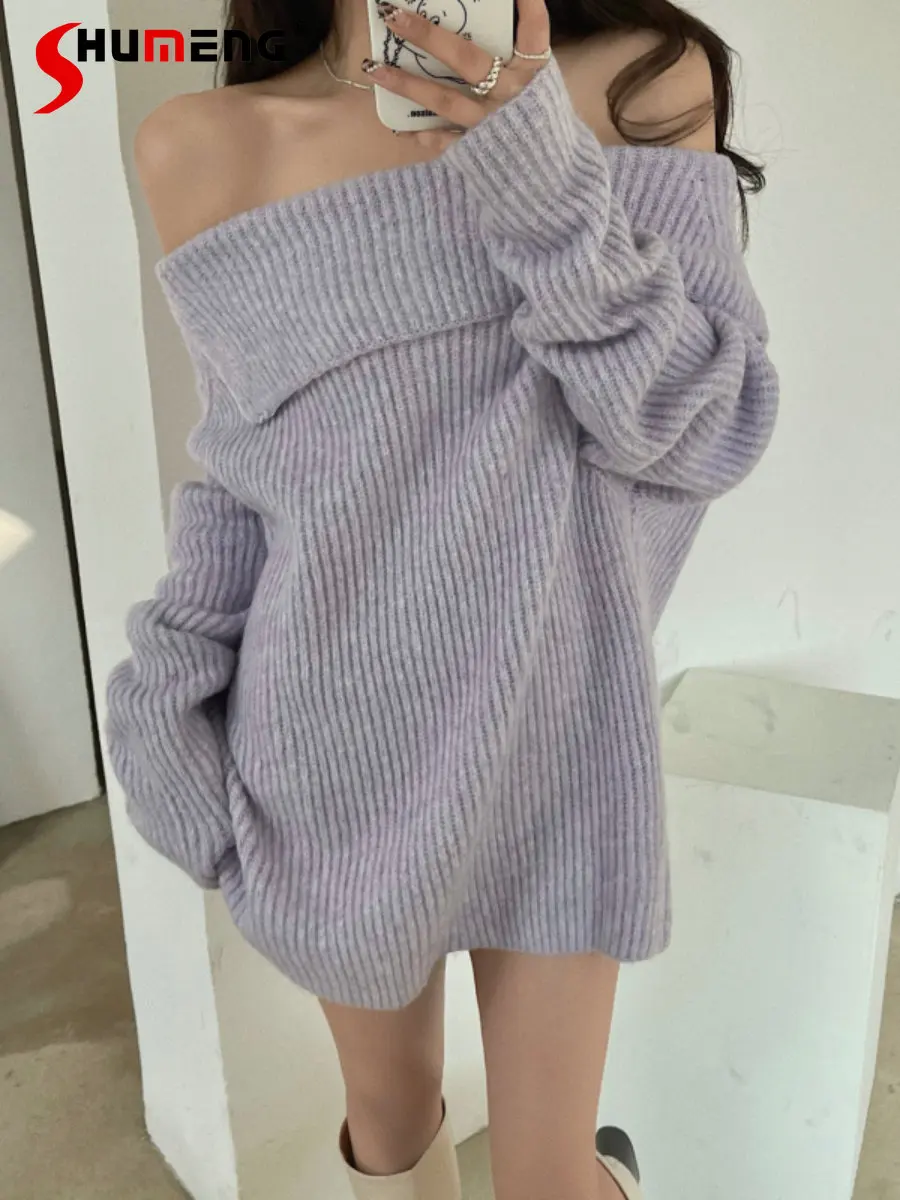 

Women's off-Neck Shoulder-Baring Sweater Retro Loose Slimming Sense of Design Pullover Outerwear Sunken Stripe Sweater Dress