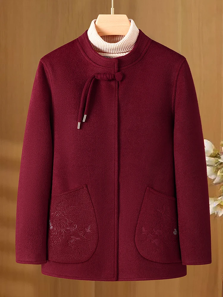 

Double-Sided Fce Woolen Jaet ort Sle Embroidered Stand Collar New Chinese Sle Coat for Women Autumn Winter New Arr...