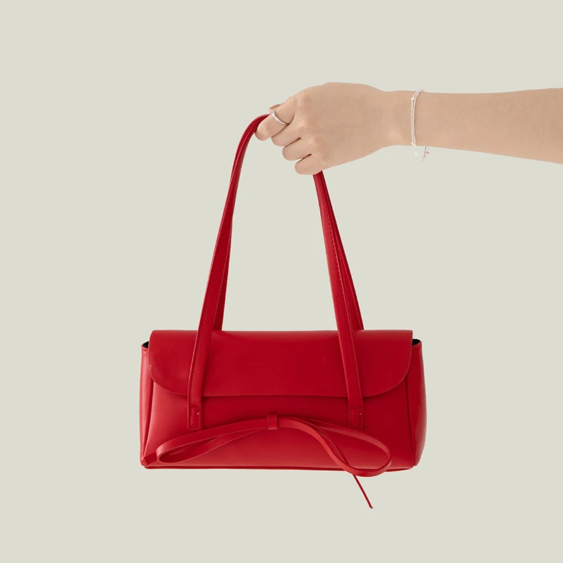 

Classic Red PU Leather Shoulder Bags for Women 2025 Trend Bow Flap Design Square Underarm Bag Lady Daily Commuter Handbags