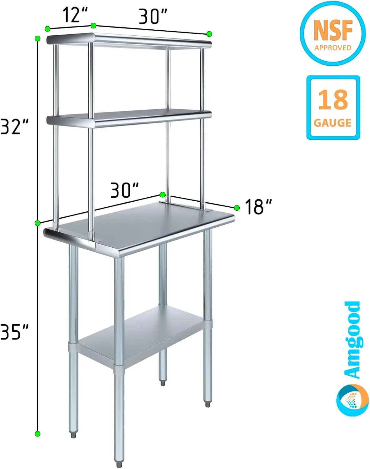 Stainless Steel Work Table with 12" Wide Double Tier Overshelf | Metal Kitchen Prep Table & Shelving Combo | NSF