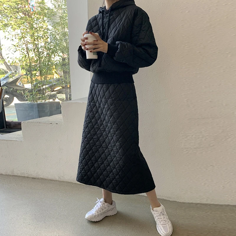 

Шикарный осенне-зимний стеганый свитшот с капюшоном и высокой талией, комплект юбки трапециевидной формы, антивозрастной наряд из смеси хлопка и полиэстера