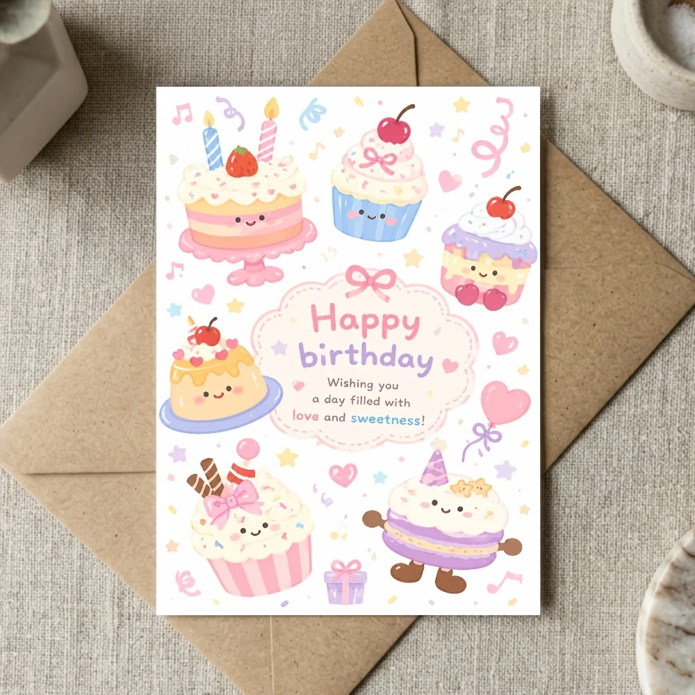 Birthday Card Cute Kawaii Dessert Pattern Whimsical Pastel Art Design Best Friend Partner Cousin Birthday Party Home